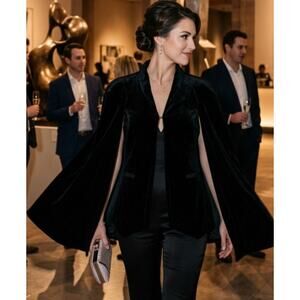 Free People Black Velvet Cape Vest One Size OS Open Front Drape Fringe EUC